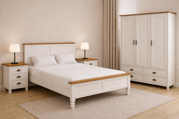 غرفة نوم أبيض بلمسة خشبية طبيعية